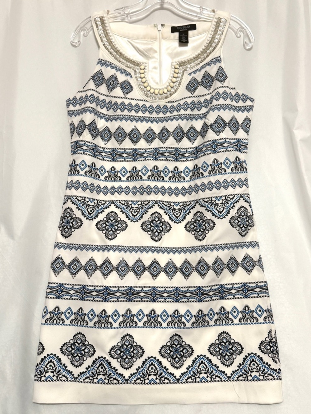 White House Black Market White and Blue Beaded-Neck Mini Dress